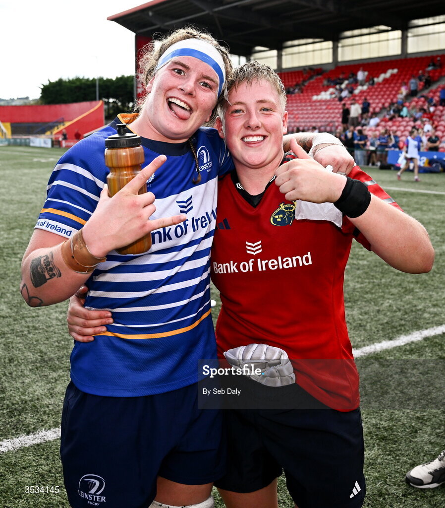8 August 2026; Ruth Campbell of Leinster and Beth Buttimer of Munster after the Vodafone Womens Interprovincial Championship Round 1 match between Munster and Leinster at Virgin Media Park in Cork. Photo by Seb Daly/Sportsfile
