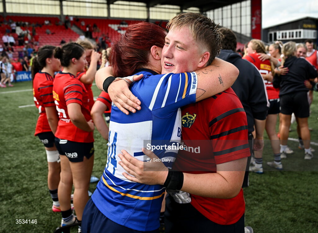 8 August 2026; Beth Buttimer of Munster, right, and Maggie Boylan of Leinster after the Vodafone Womens Interprovincial Championship Round 1 match between Munster and Leinster at Virgin Media Park in Cork. Photo by Seb Daly/Sportsfile