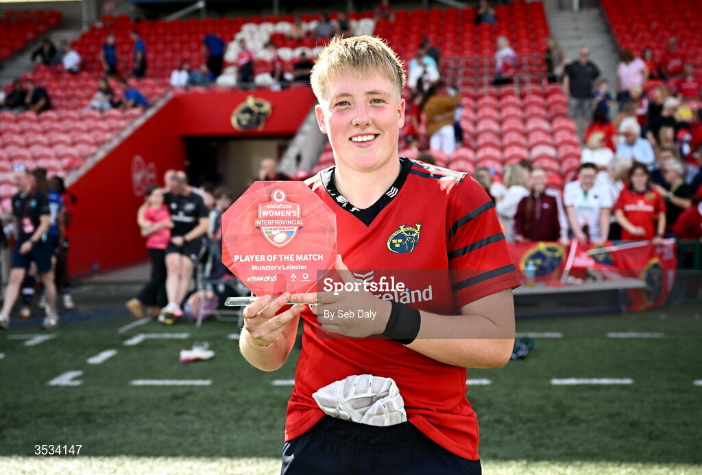 8 August 2026; Beth Buttimer of Munster with her player of the match award after the Vodafone Womens Interprovincial Championship Round 1 match between Munster and Leinster at Virgin Media Park in Cork. Photo by Seb Daly/Sportsfile