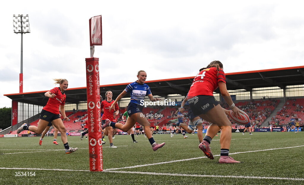 8 August 2026; Katie Corrigan of Munster scores her side's sixth try during the Vodafone Womens Interprovincial Championship Round 1 match between Munster and Leinster at Virgin Media Park in Cork. Photo by Seb Daly/Sportsfile