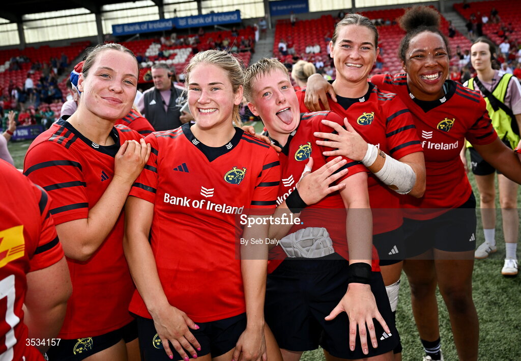 8 August 2026; Munster players celebrate after their side's victory in the Vodafone Womens Interprovincial Championship Round 1 match between Munster and Leinster at Virgin Media Park in Cork. Photo by Seb Daly/Sportsfile