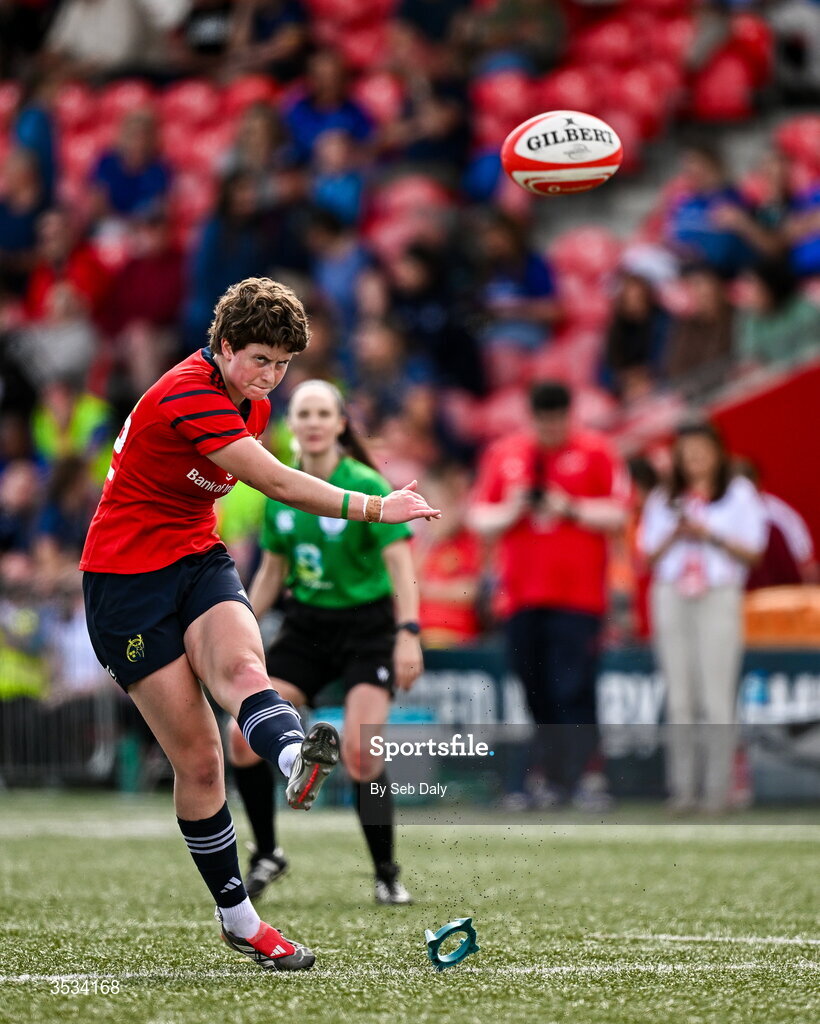 8 August 2026; Caitríona Finn of Munster kicks a conversion during the Vodafone Womens Interprovincial Championship Round 1 match between Munster and Leinster at Virgin Media Park in Cork. Photo by Seb Daly/Sportsfile