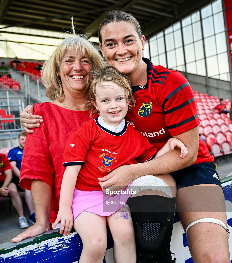 8 August 2026; Jane Clohessy of Munster with her mother Anna and niece Sophia, age three, after the Vodafone Womens Interprovincial Championship Round 1 match between Munster and Leinster at Virgin Media Park in Cork. Photo by Seb Daly/Sportsfile