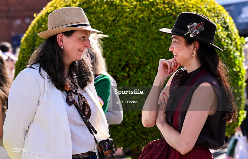 8 August 2026; Showjumping spectators Annette Ryan and Denise Rodgers, from Enniscorthy, Wexford during day four of the Gallagher Dublin Horse Show at the RDS in Dublin. Photo by Paul Phelan/Sportsfile