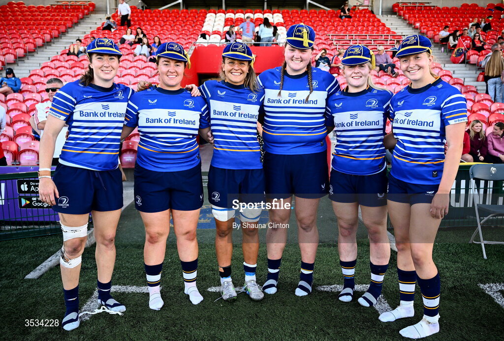 8 August 2026; Leinster debutants, from left, Eve Higgins, Emma-Jane Wilson, Erin King, Shona White, Roisín Kinch and Alex Connor after the Vodafone Womens Interprovincial Championship Round 1 match between Munster and Leinster at Virgin Media Park in Cork. Photo by Shauna Clinton/Sportsfile