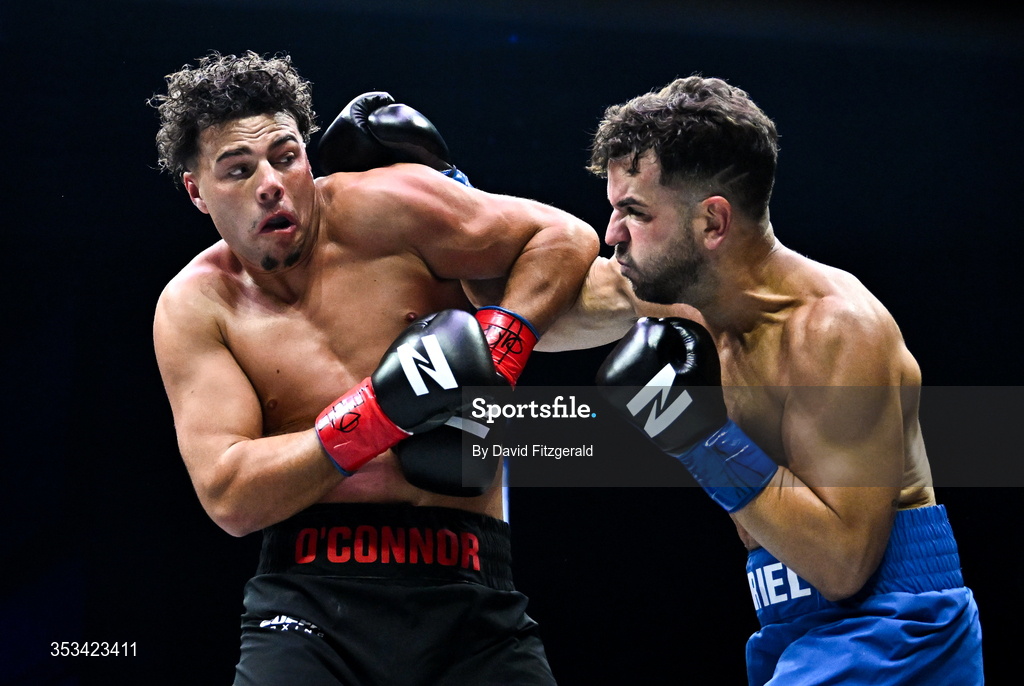 8 August 2026; Patrick O'Connor, left, and Juan Manuel Moriel during their cruiserweight bout during the Zuffa Boxing 10 event at the 3Arena in Dublin. Photo by David Fitzgerald/Sportsfile