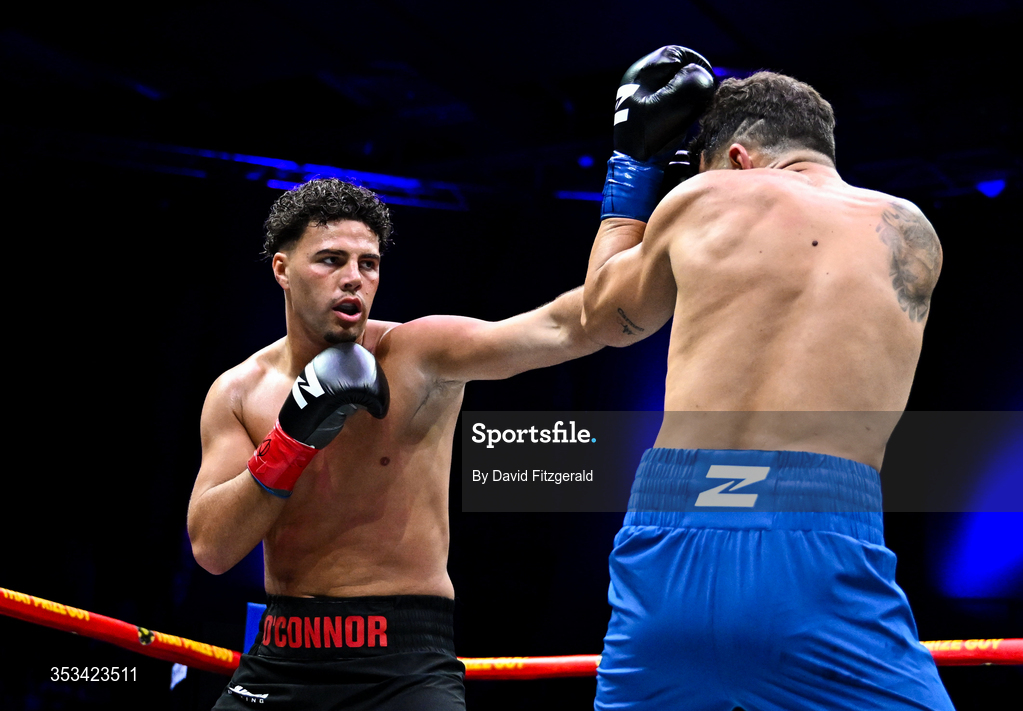 8 August 2026; Patrick O'Connor, left, and Juan Manuel Moriel during their cruiserweight bout during the Zuffa Boxing 10 event at the 3Arena in Dublin. Photo by David Fitzgerald/Sportsfile