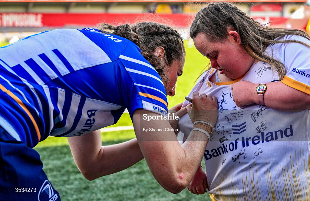 8 August 2026; Eve Higgins of Leinster with Leinster supporter Jenny Malone after the Vodafone Womens Interprovincial Championship Round 1 match between Munster and Leinster at Virgin Media Park in Cork. Photo by Shauna Clinton/Sportsfile
