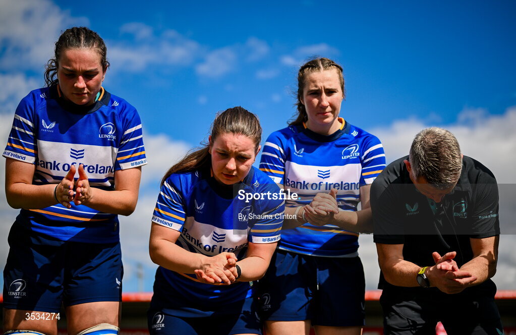 8 August 2026; Leinster players, from left, Kate Jordan, Sarah Delaney, Eve Higgins and Leinster athletic development coach Paul Rossiter after the Vodafone Womens Interprovincial Championship Round 1 match between Munster and Leinster at Virgin Media Park in Cork. Photo by Shauna Clinton/Sportsfile