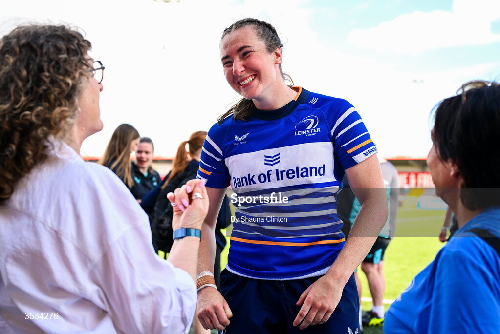 8 August 2026; Eve Higgins of Leinster with Leinster supporters after the Vodafone Womens Interprovincial Championship Round 1 match between Munster and Leinster at Virgin Media Park in Cork. Photo by Shauna Clinton/Sportsfile