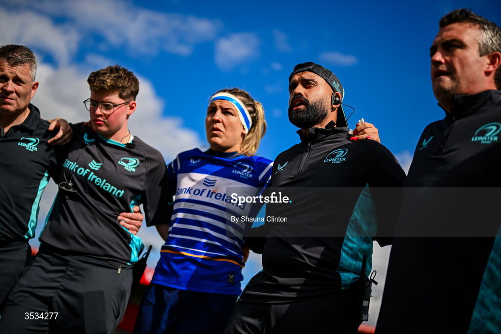 8 August 2026; Leinster head coach Sana Govender speaks to the team after the Vodafone Womens Interprovincial Championship Round 1 match between Munster and Leinster at Virgin Media Park in Cork. Photo by Shauna Clinton/Sportsfile