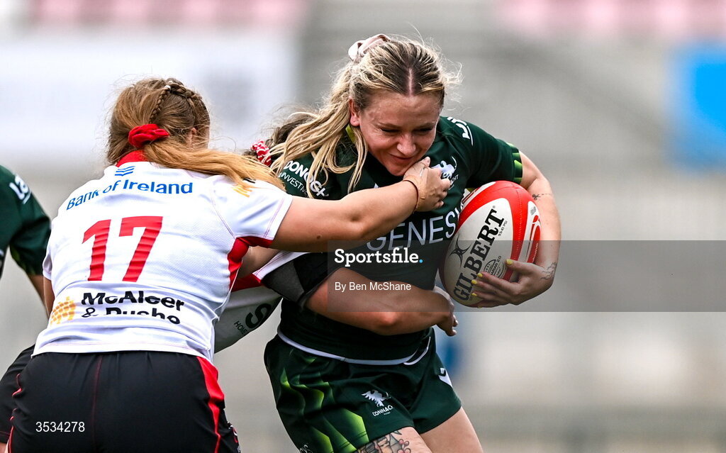 8 August 2026; Emma Kelly of Connacht is tackled by Sarah Roberts of Ulster during the Vodafone Womens Interprovincial Championship Round 1 match between Ulster and Connacht at Affidea Stadium in Belfast. Photo by Ben McShane/Sportsfile