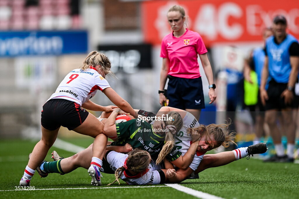 8 August 2026; Emma Kelly of Connacht is pulled to touch by Ulster players, from left, Rachael McIlroy, Katie Hetherington and Sarah Roberts during the Vodafone Womens Interprovincial Championship Round 1 match between Ulster and Connacht at Affidea Stadium in Belfast. Photo by Ben McShane/Sportsfile