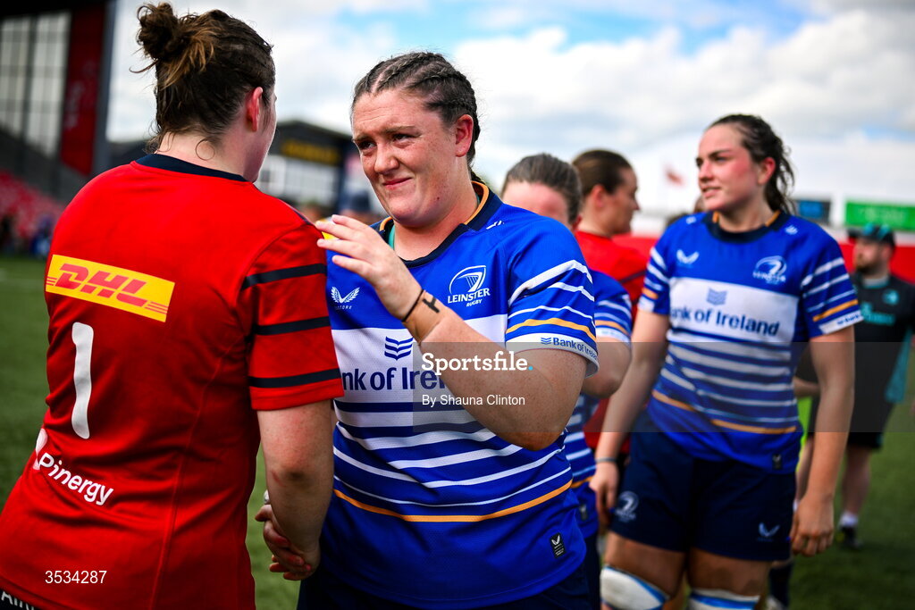8 August 2026; Hannah Wilson of Leinster, right, shakes hands with Siobhan McCarthy of Munster after the Vodafone Womens Interprovincial Championship Round 1 match between Munster and Leinster at Virgin Media Park in Cork. Photo by Shauna Clinton/Sportsfile