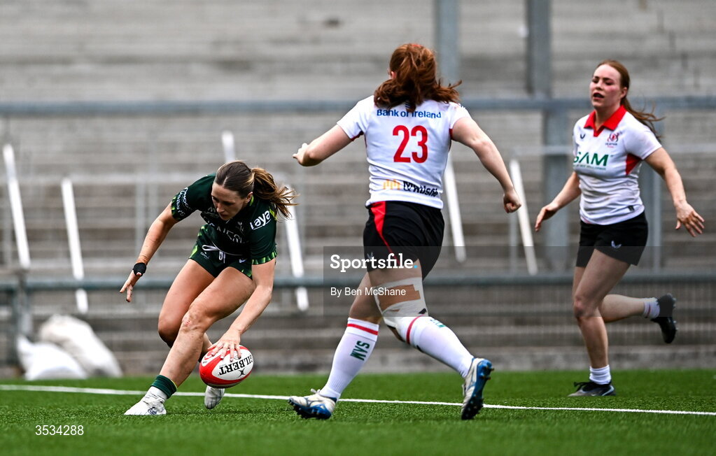 8 August 2026; Anna McGann of Connacht scores her side's second try during the Vodafone Womens Interprovincial Championship Round 1 match between Ulster and Connacht at Affidea Stadium in Belfast. Photo by Ben McShane/Sportsfile