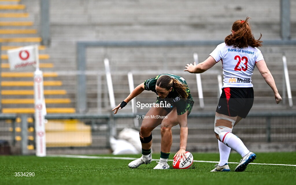 8 August 2026; Anna McGann of Connacht scores her side's second try during the Vodafone Womens Interprovincial Championship Round 1 match between Ulster and Connacht at Affidea Stadium in Belfast. Photo by Ben McShane/Sportsfile