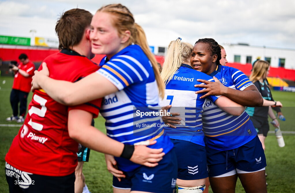 8 August 2026; Linda Djougang of Leinster, centre, hugs team-mates after the Vodafone Womens Interprovincial Championship Round 1 match between Munster and Leinster at Virgin Media Park in Cork. Photo by Shauna Clinton/Sportsfile