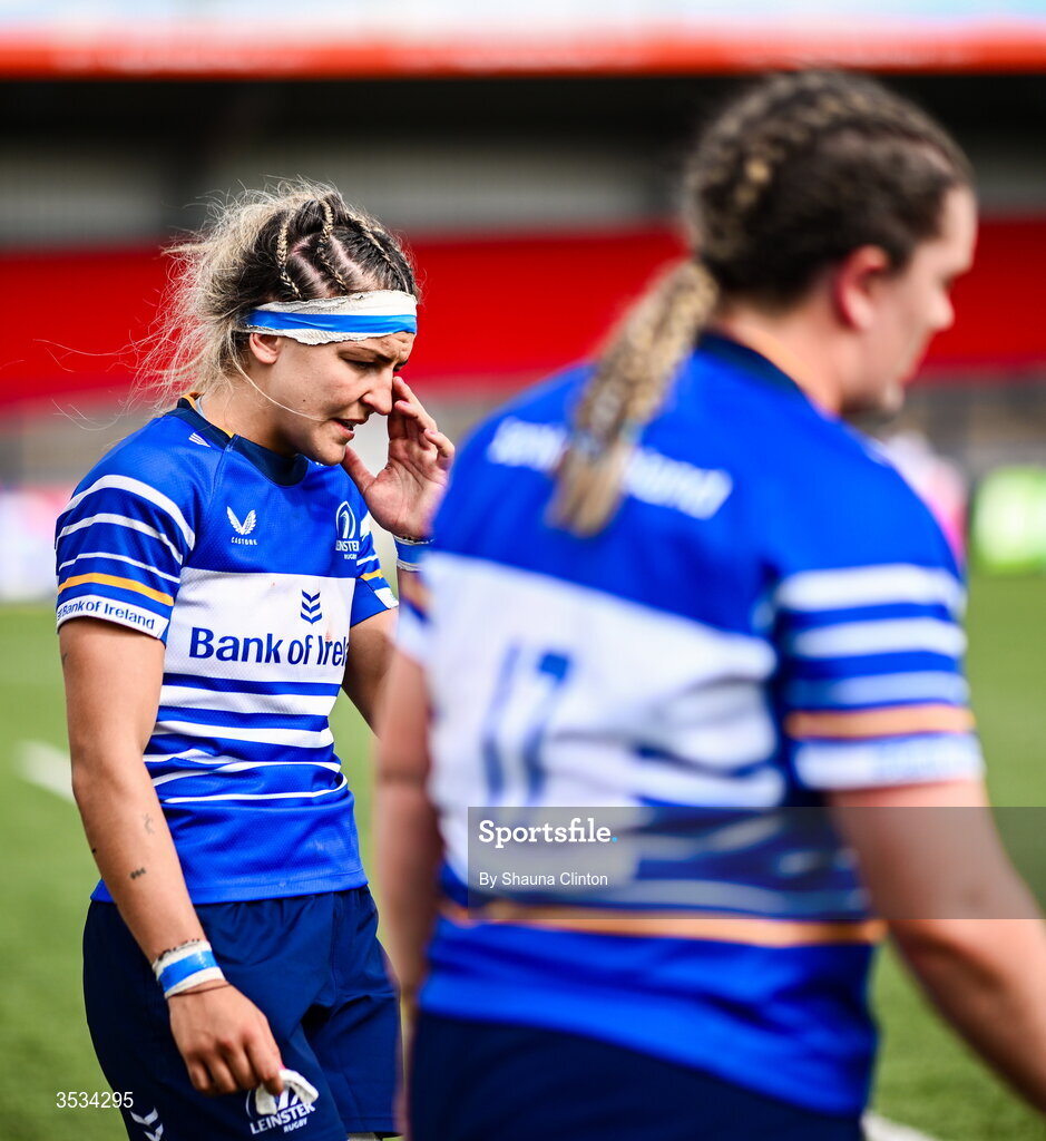 8 August 2026; Erin King, left, and Hannah Wilson of Leinster after the Vodafone Womens Interprovincial Championship Round 1 match between Munster and Leinster at Virgin Media Park in Cork. Photo by Shauna Clinton/Sportsfile