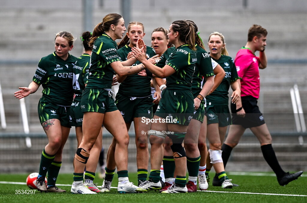 8 August 2026; Anna McGann of Connacht, left, celebrates with teammates, including Emma Fabby, after scoring their side's second try during the Vodafone Womens Interprovincial Championship Round 1 match between Ulster and Connacht at Affidea Stadium in Belfast. Photo by Ben McShane/Sportsfile