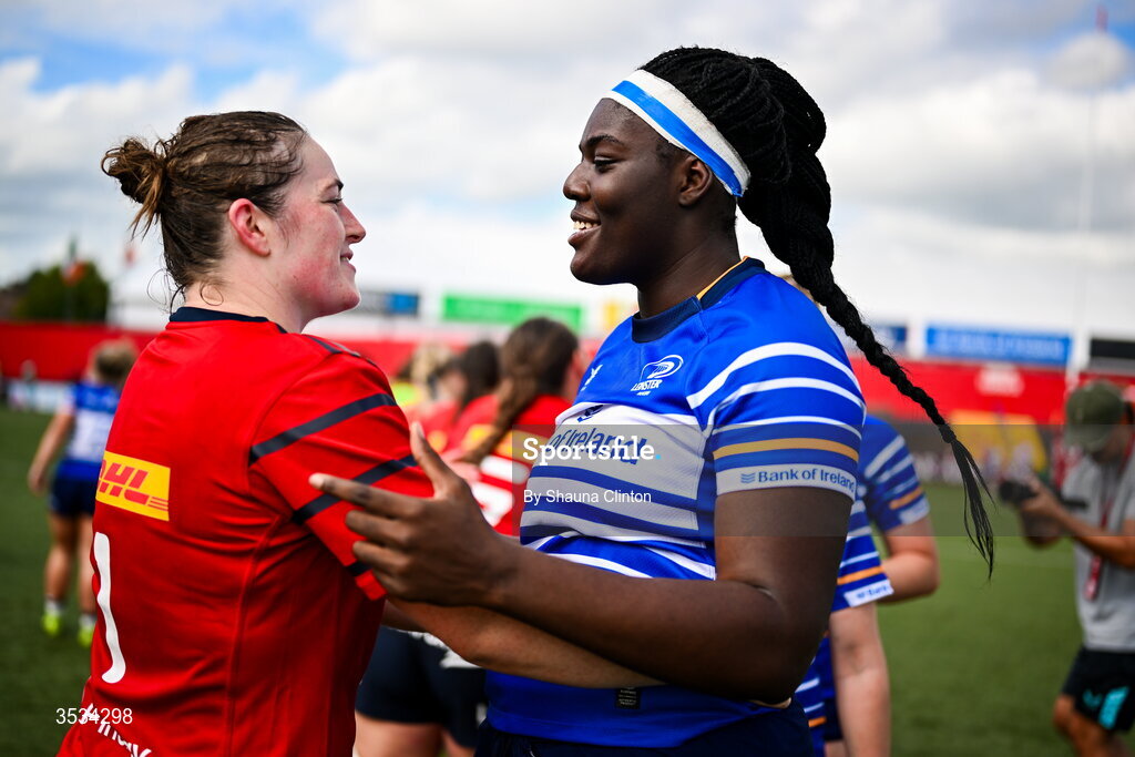 8 August 2026; Alma Atagamen of Leinster, right, with Siobhan McCarthy of Munster after the Vodafone Womens Interprovincial Championship Round 1 match between Munster and Leinster at Virgin Media Park in Cork. Photo by Shauna Clinton/Sportsfile