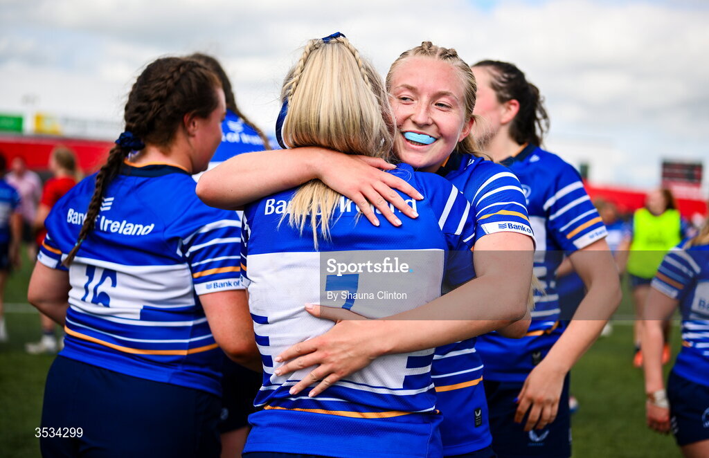 8 August 2026; Alex Connor of Leinster, centre, hugs team-mates after the Vodafone Womens Interprovincial Championship Round 1 match between Munster and Leinster at Virgin Media Park in Cork. Photo by Shauna Clinton/Sportsfile