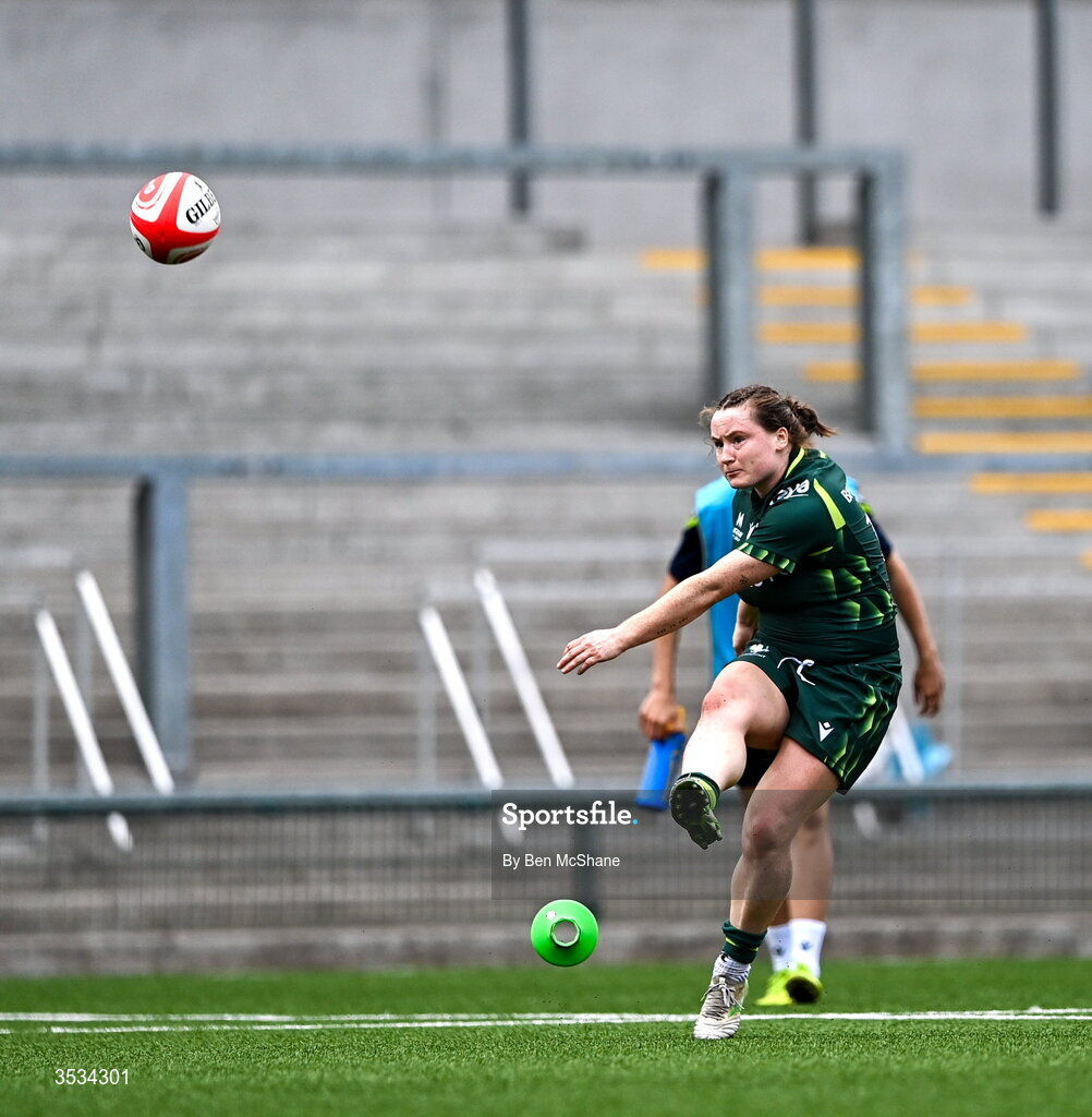 8 August 2026; Meabh Deely of Connacht kicks a conversion during the Vodafone Womens Interprovincial Championship Round 1 match between Ulster and Connacht at Affidea Stadium in Belfast. Photo by Ben McShane/Sportsfile