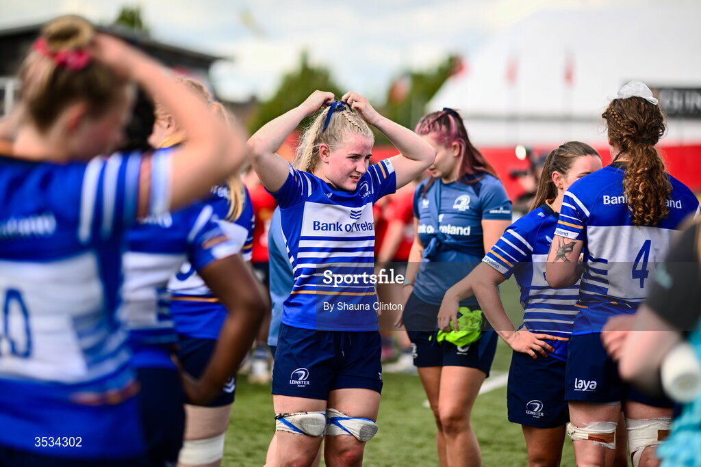 8 August 2026; Roisín Kinch of Leinster, centre, after the Vodafone Womens Interprovincial Championship Round 1 match between Munster and Leinster at Virgin Media Park in Cork. Photo by Shauna Clinton/Sportsfile