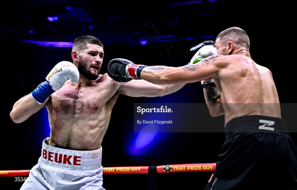 8 August 2026; Mark Beuke, left, and Connor Coyle during their middleweight bout during the Zuffa Boxing 10 event at the 3Arena in Dublin. Photo by David Fitzgerald/Sportsfile