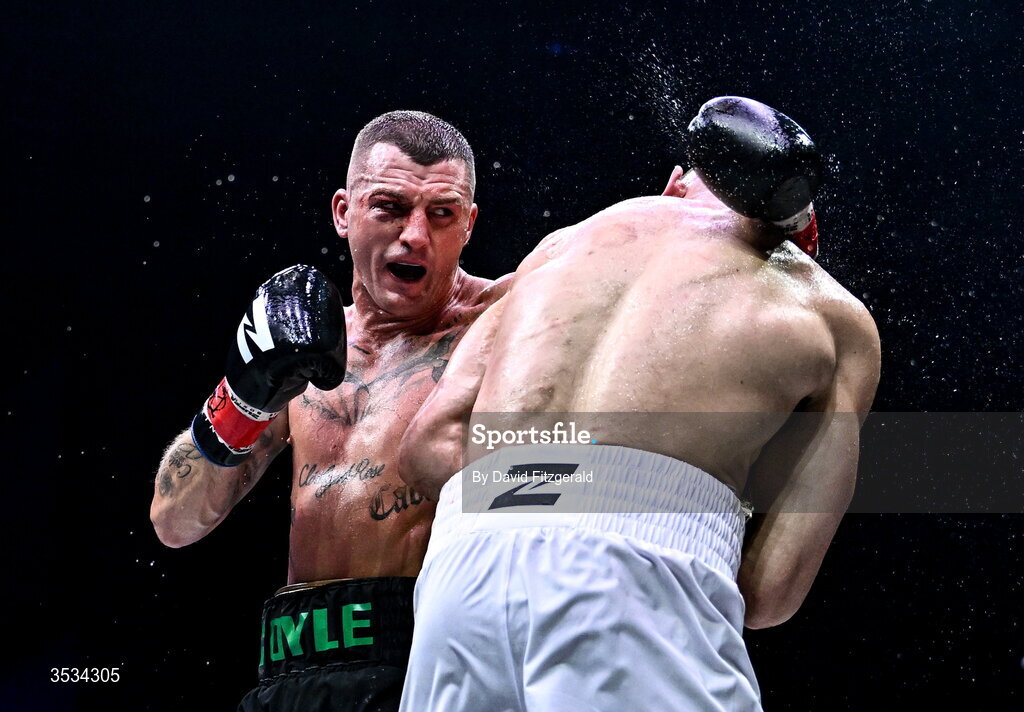 8 August 2026; Connor Coyle, left, and Mark Beuke during their middleweight bout during the Zuffa Boxing 10 event at the 3Arena in Dublin. Photo by David Fitzgerald/Sportsfile