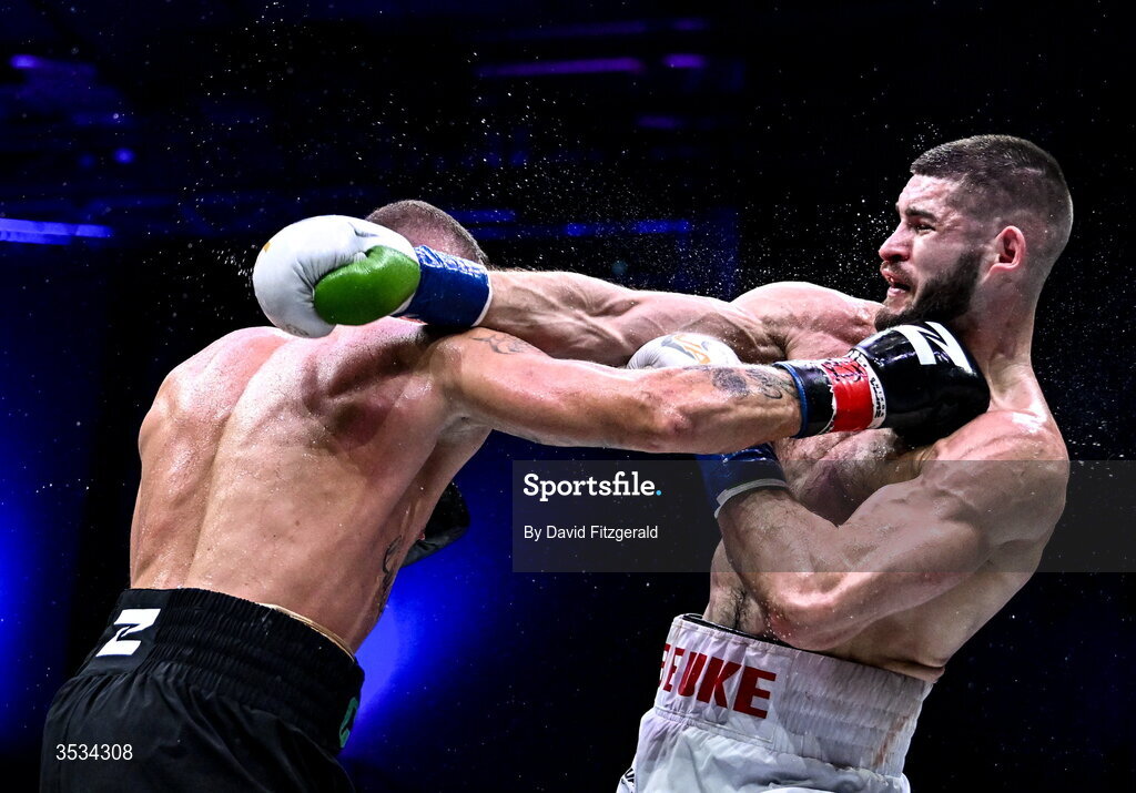 8 August 2026; Mark Beuke, right, and Connor Coyle during their middleweight bout during the Zuffa Boxing 10 event at the 3Arena in Dublin. Photo by David Fitzgerald/Sportsfile