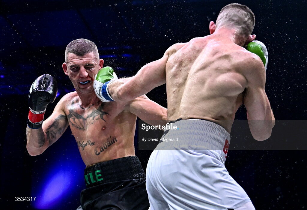 8 August 2026; Connor Coyle, left, and Mark Beuke during their middleweight bout during the Zuffa Boxing 10 event at the 3Arena in Dublin. Photo by David Fitzgerald/Sportsfile