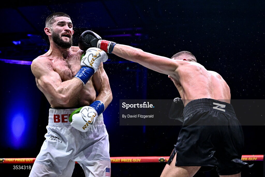 8 August 2026; Mark Beuke, left, and Connor Coyle during their middleweight bout during the Zuffa Boxing 10 event at the 3Arena in Dublin. Photo by David Fitzgerald/Sportsfile