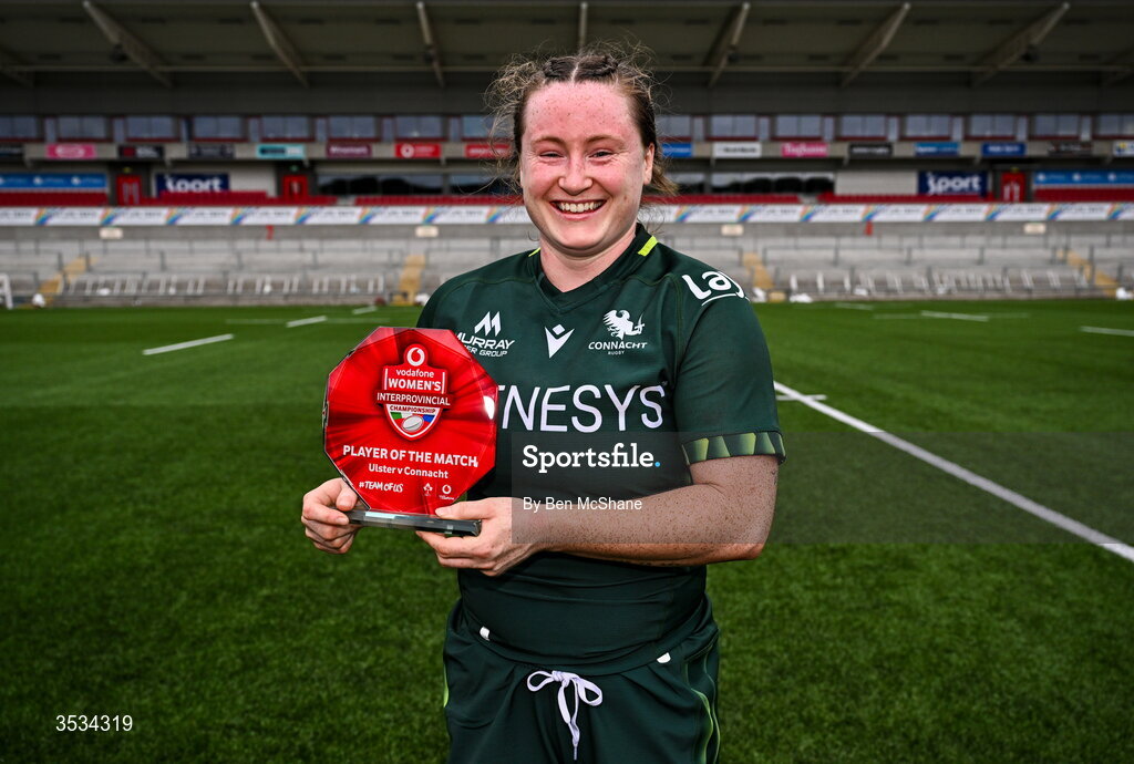 8 August 2026; Meabh Deely of Connacht with the Player of the Match award after the Vodafone Womens Interprovincial Championship Round 1 match between Ulster and Connacht at Affidea Stadium in Belfast. Photo by Ben McShane/Sportsfile
