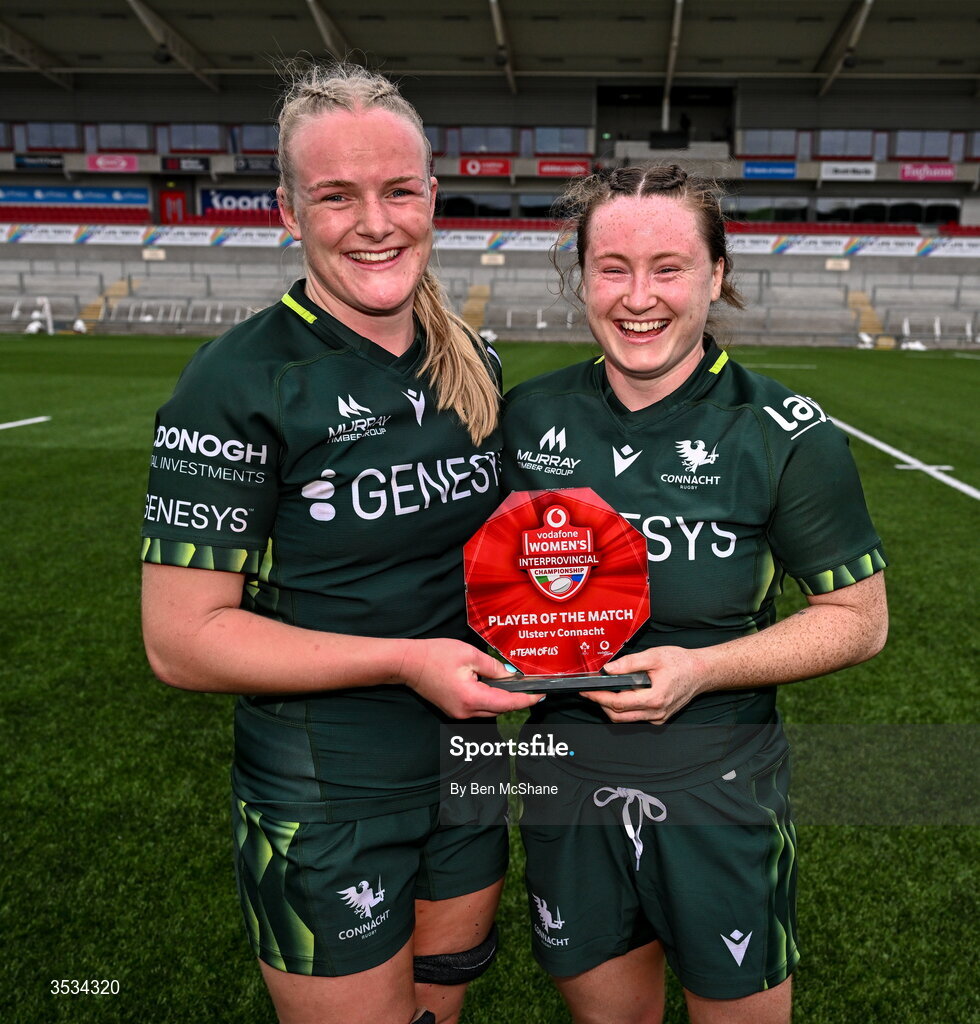 8 August 2026; Meabh Deely of Connacht is presented the Player of the Match award by Connacht co-captain Ailish Quinn, left, after the Vodafone Womens Interprovincial Championship Round 1 match between Ulster and Connacht at Affidea Stadium in Belfast. Photo by Ben McShane/Sportsfile