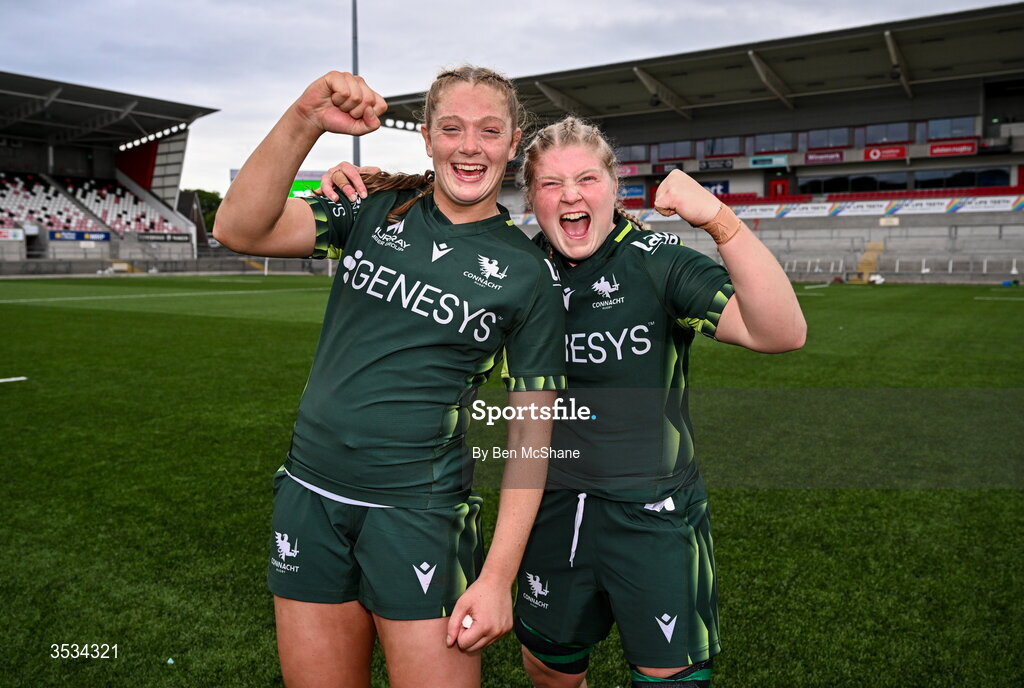 8 August 2026; Siofra Hession, left, and Hannah Johnston of Connacht celebrate after the Vodafone Womens Interprovincial Championship Round 1 match between Ulster and Connacht at Affidea Stadium in Belfast. Photo by Ben McShane/Sportsfile