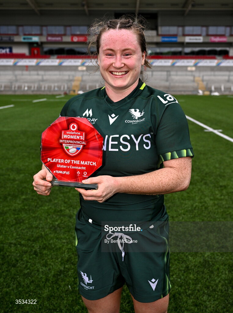 8 August 2026; Meabh Deely of Connacht with the Player of the Match award after the Vodafone Womens Interprovincial Championship Round 1 match between Ulster and Connacht at Affidea Stadium in Belfast. Photo by Ben McShane/Sportsfile