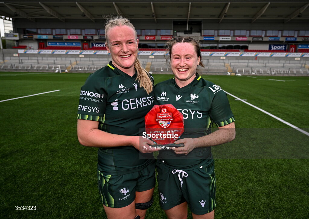 8 August 2026; Meabh Deely of Connacht is presented the Player of the Match award by Connacht co-captain Ailish Quinn, left, after the Vodafone Womens Interprovincial Championship Round 1 match between Ulster and Connacht at Affidea Stadium in Belfast. Photo by Ben McShane/Sportsfile