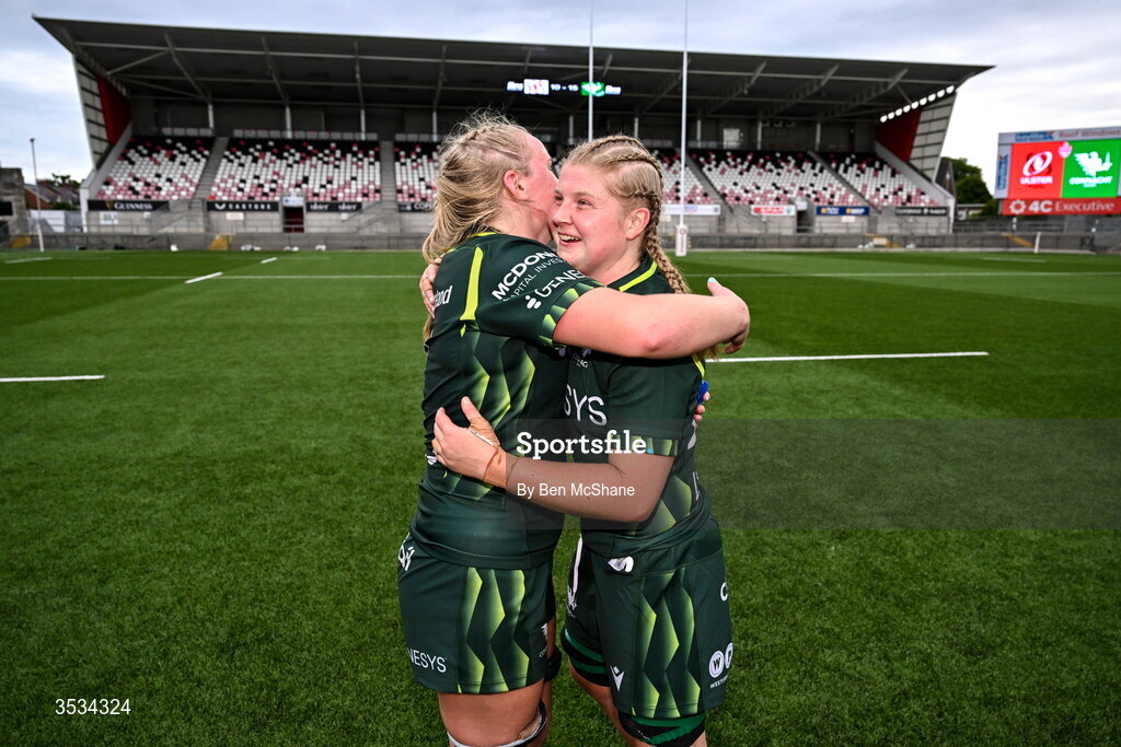 8 August 2026; Ailish Quinn, left, and Hannah Johnston of Connacht celebrate after the Vodafone Womens Interprovincial Championship Round 1 match between Ulster and Connacht at Affidea Stadium in Belfast. Photo by Ben McShane/Sportsfile