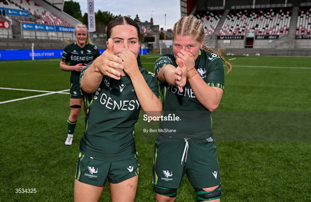 8 August 2026; Emily Foley, left, and Hannah Johnston of Connacht celebrate after the Vodafone Womens Interprovincial Championship Round 1 match between Ulster and Connacht at Affidea Stadium in Belfast. Photo by Ben McShane/Sportsfile