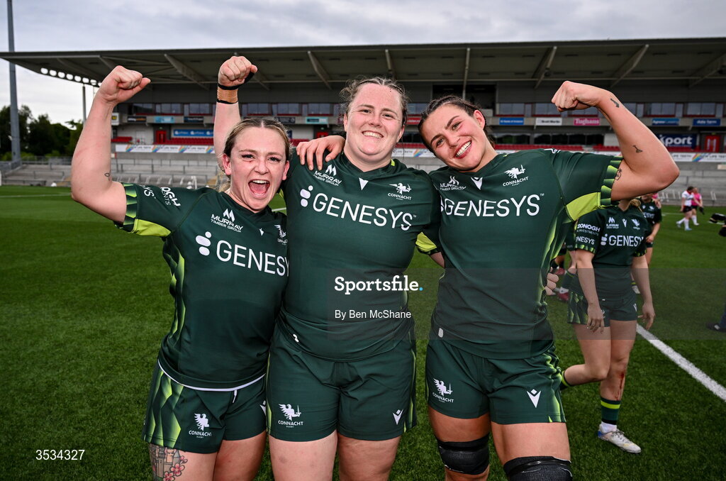 8 August 2026; Connacht players, from left, Olivia Tallon, Hannah Rapley and Stacy Hanley celebrate after during the Vodafone Womens Interprovincial Championship Round 1 match between Ulster and Connacht at Affidea Stadium in Belfast. Photo by Ben McShane/Sportsfile