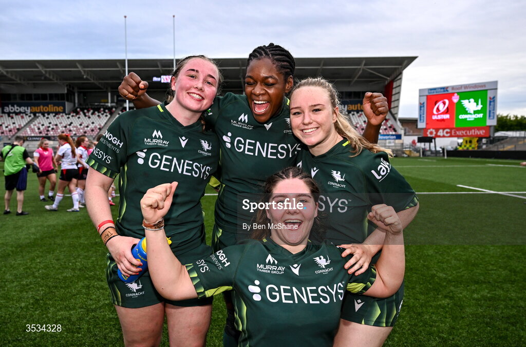 8 August 2026; Connacht players, Ella Burns, Faith Oviawe, Jemima Adams Verling and Lily Morris celebrate after the Vodafone Womens Interprovincial Championship Round 1 match between Ulster and Connacht at Affidea Stadium in Belfast. Photo by Ben McShane/Sportsfile