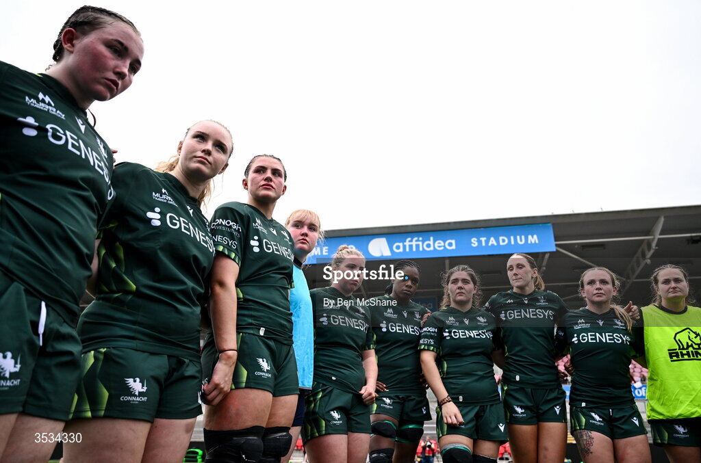 8 August 2026; Connacht players in the post-match huddle after the Vodafone Womens Interprovincial Championship Round 1 match between Ulster and Connacht at Affidea Stadium in Belfast. Photo by Ben McShane/Sportsfile