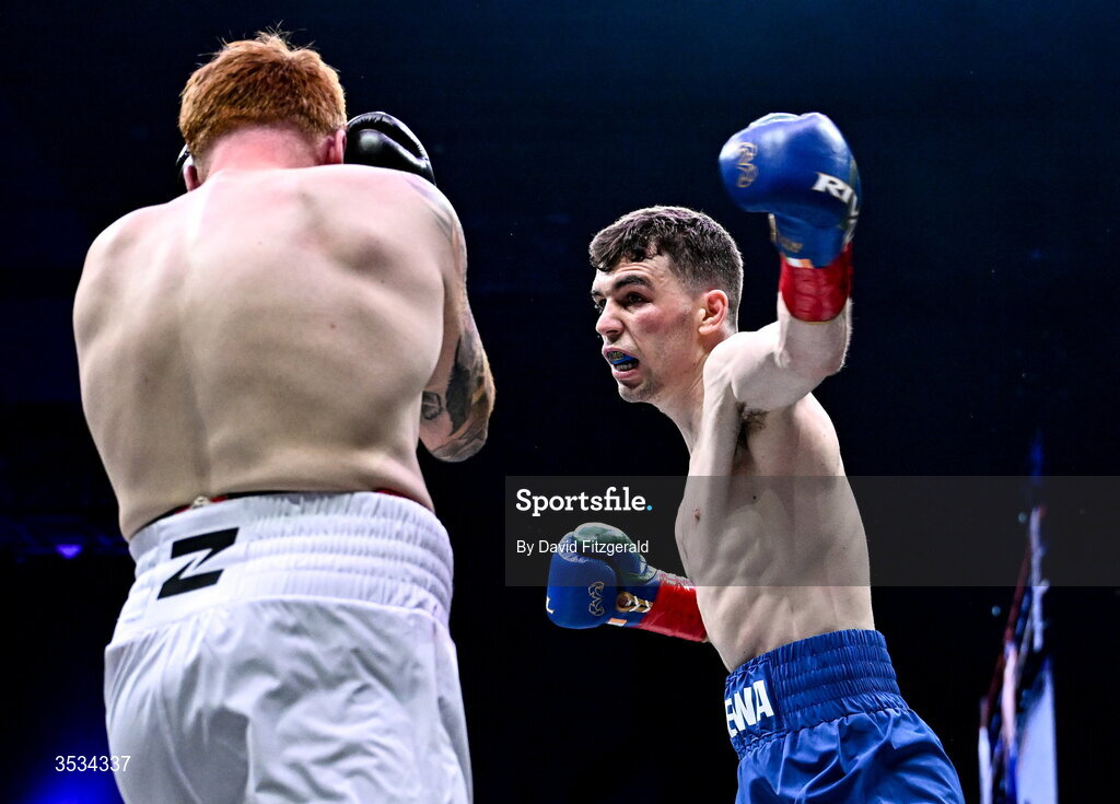 8 August 2026; Stevie McKenna, right, and Owen O'Neill during their middleweight bout during the Zuffa Boxing 10 event at the 3Arena in Dublin. Photo by David Fitzgerald/Sportsfile