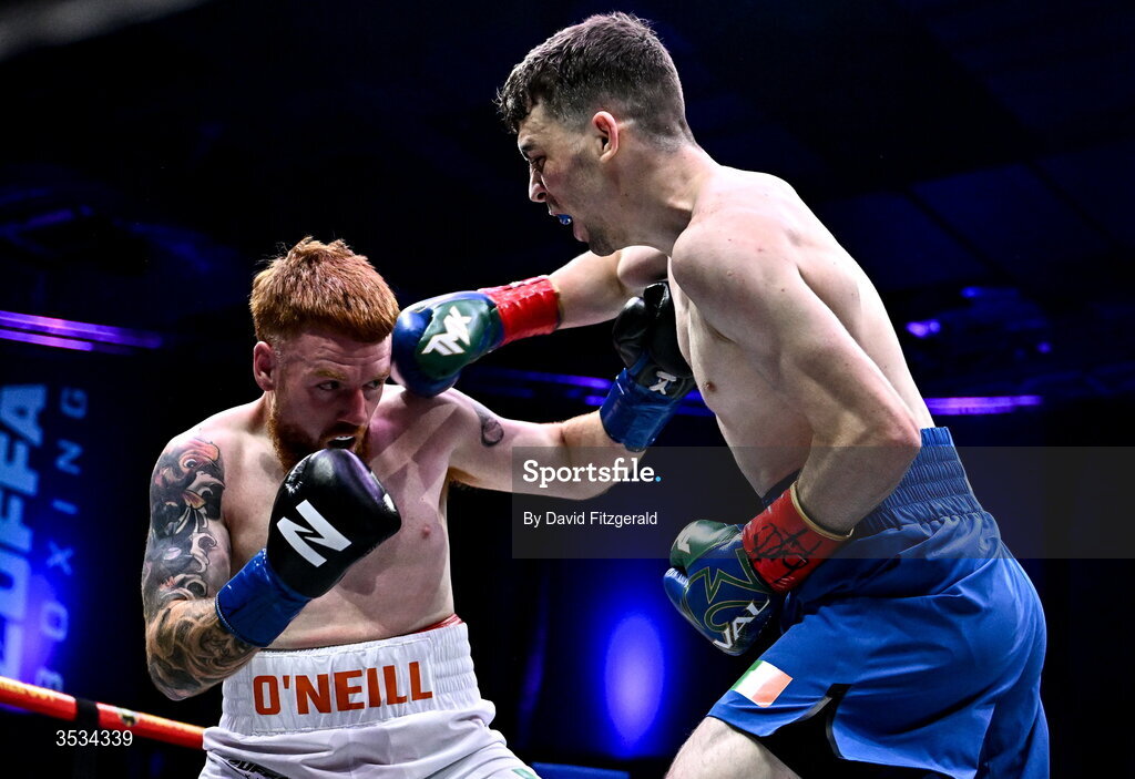 8 August 2026; Stevie McKenna, right, and Owen O'Neill during their middleweight bout during the Zuffa Boxing 10 event at the 3Arena in Dublin. Photo by David Fitzgerald/Sportsfile