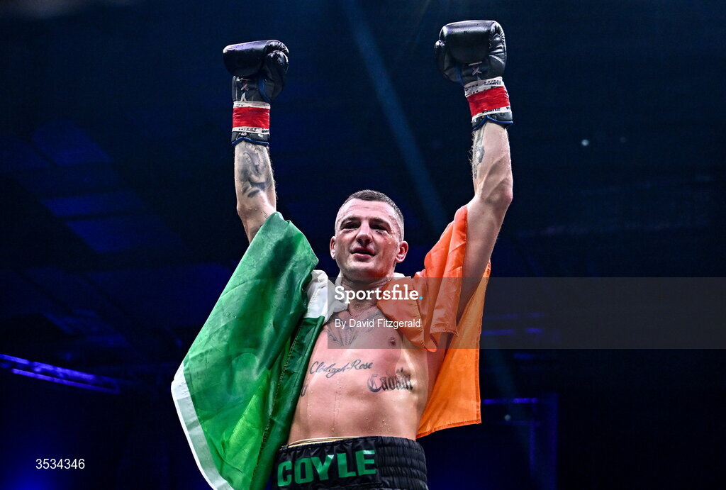 8 August 2026; Connor Coyle after winning his middleweight bout against Mark Beuke during the Zuffa Boxing 10 event at the 3Arena in Dublin. Photo by David Fitzgerald/Sportsfile