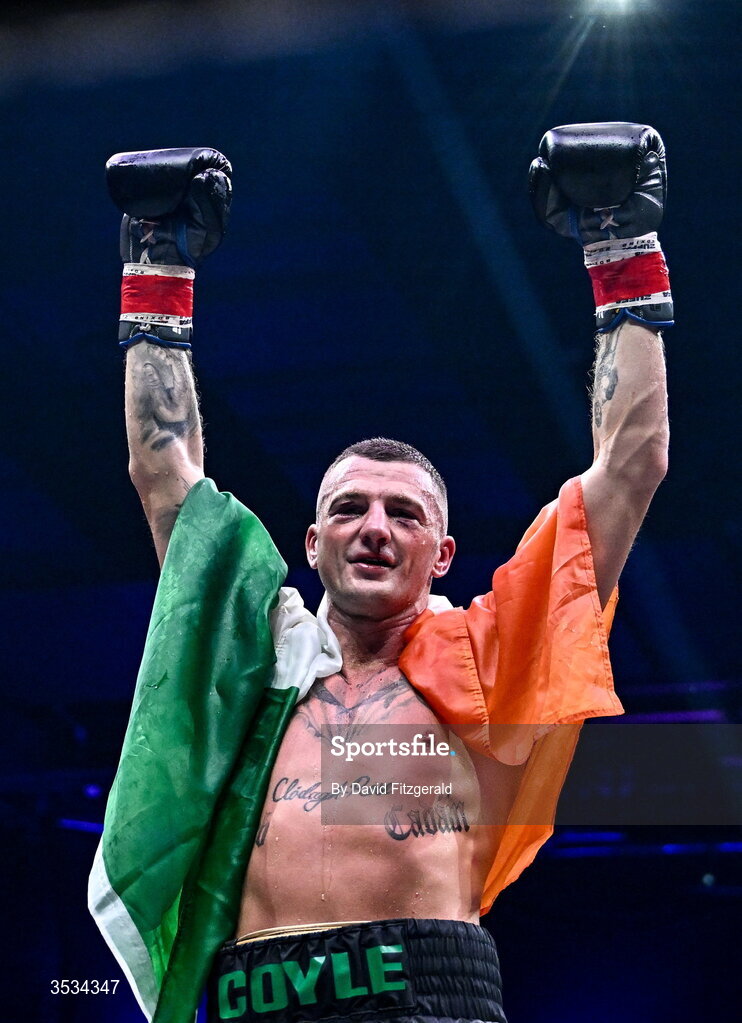 8 August 2026; Connor Coyle after winning his middleweight bout against Mark Beuke during the Zuffa Boxing 10 event at the 3Arena in Dublin. Photo by David Fitzgerald/Sportsfile