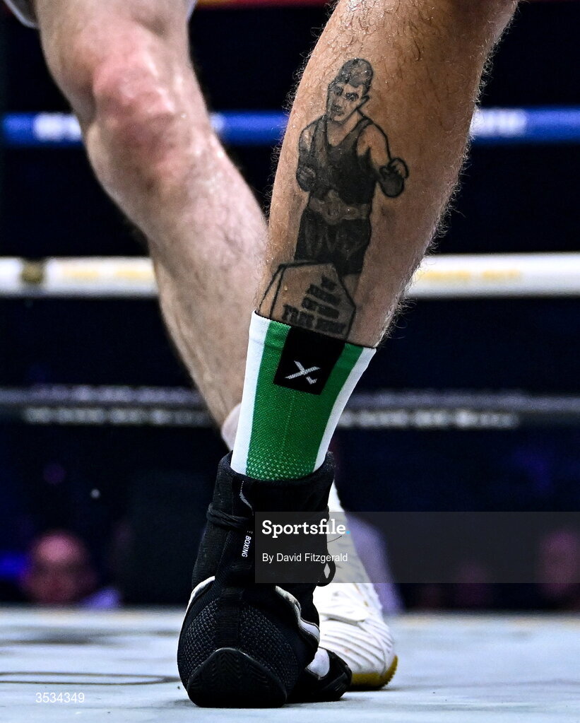 8 August 2026; A detailed view of a tattoo on the leg of Connor Coyle during his middleweight bout against Mark Beuke during the Zuffa Boxing 10 event at the 3Arena in Dublin. Photo by David Fitzgerald/Sportsfile