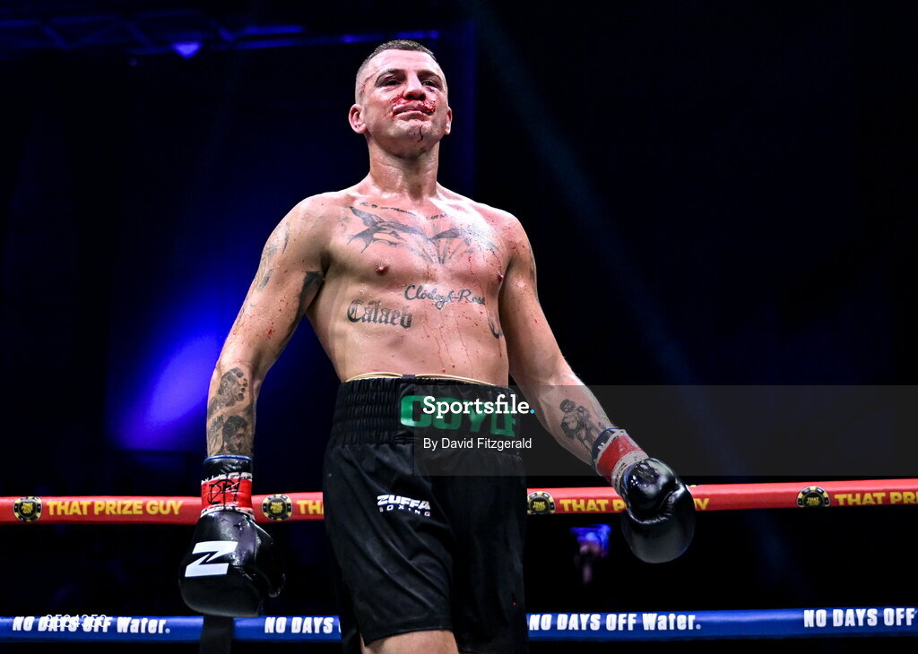 8 August 2026; Connor Coyle after winning his middleweight bout against Mark Beuke during the Zuffa Boxing 10 event at the 3Arena in Dublin. Photo by David Fitzgerald/Sportsfile