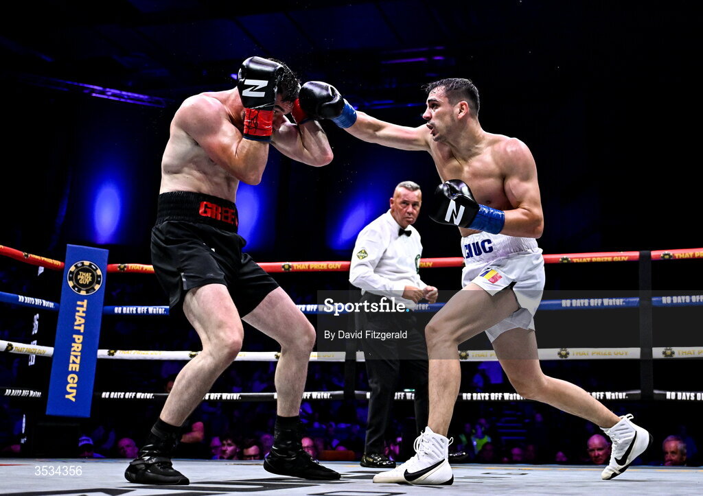 8 August 2026; Daniel Buciuc, right, and Louis Greene during their middleweight bout during the Zuffa Boxing 10 event at the 3Arena in Dublin. Photo by David Fitzgerald/Sportsfile