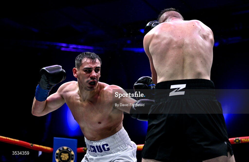 8 August 2026; Daniel Buciuc, left, and Louis Greene during their middleweight bout during the Zuffa Boxing 10 event at the 3Arena in Dublin. Photo by David Fitzgerald/Sportsfile